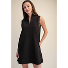 Mini Dress Stand Collar Slit V-Neck Sleeveless - L / Black