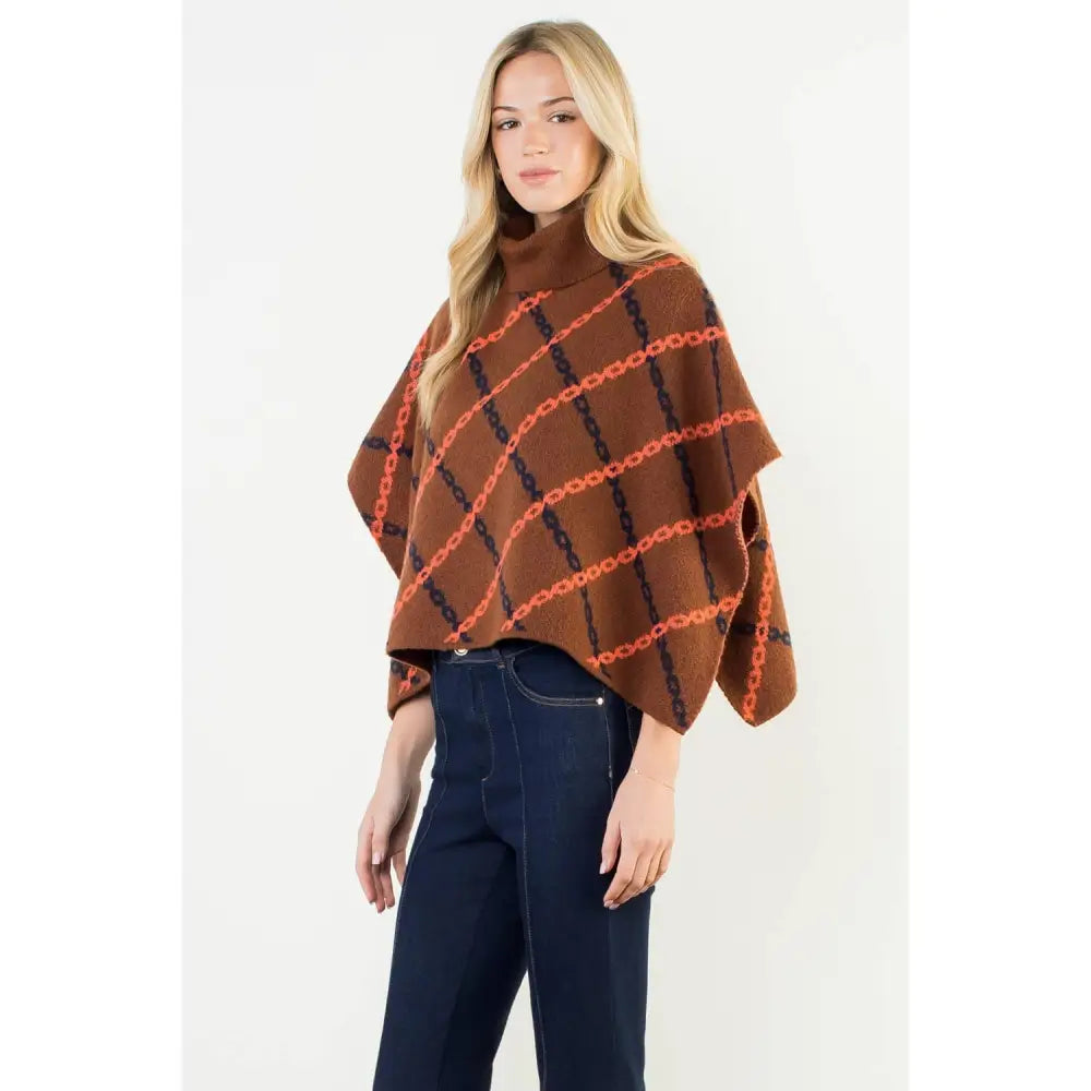 Mock Neck Chain Print Jacquard Poncho - BROWN / XS-S-M-L(1-2-2-1)