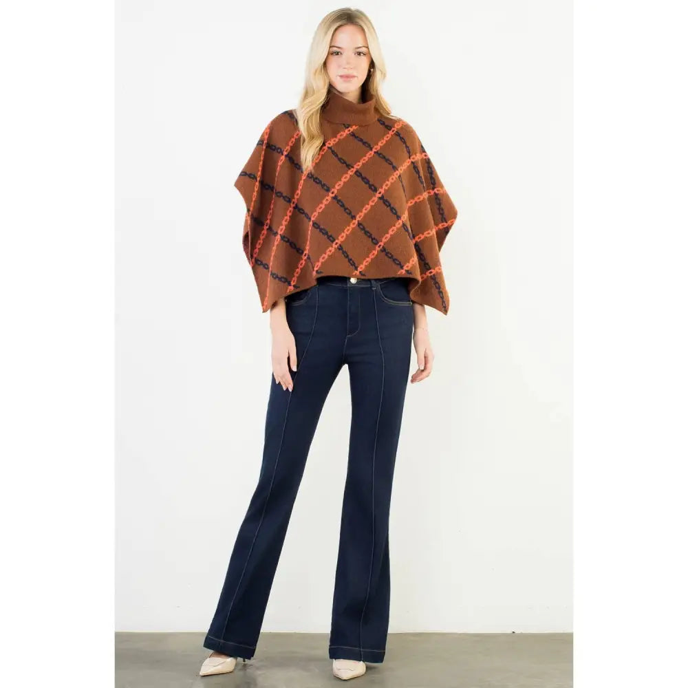 Mock Neck Chain Print Jacquard Poncho - BROWN / XS-S-M-L(1-2-2-1)