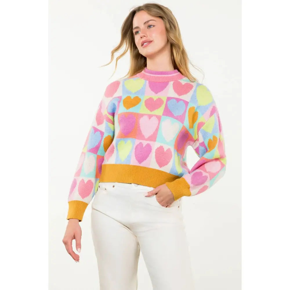 Mock Neck Heart Knit Sweater - PINK / XS-S-M-L(1-2-2-1)