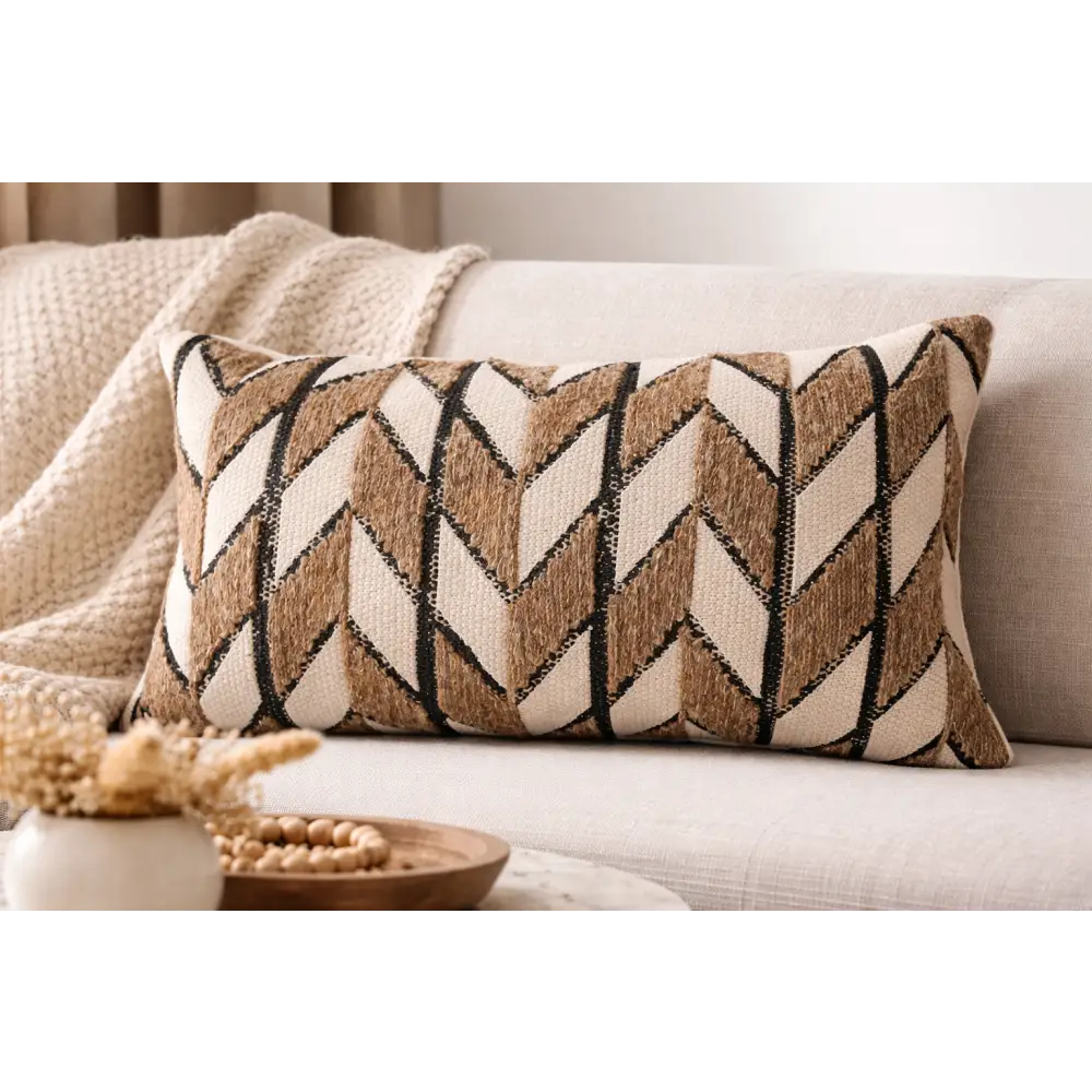 Natural Embroidered Chevron Block 12’’X24’’ Throw Pillow - Lumbar Pillow