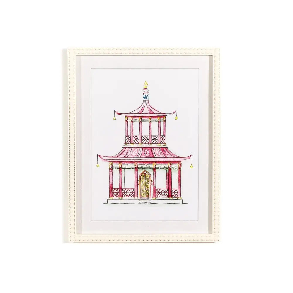 Pink Pagoda White Beaded Framed Wall Art Print - 1 - Artwork