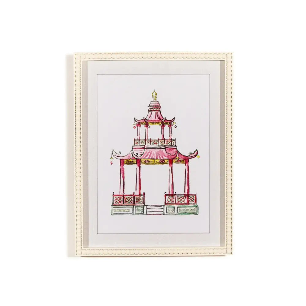 Pink Pagoda White Beaded Framed Wall Art Print - 2 - Artwork