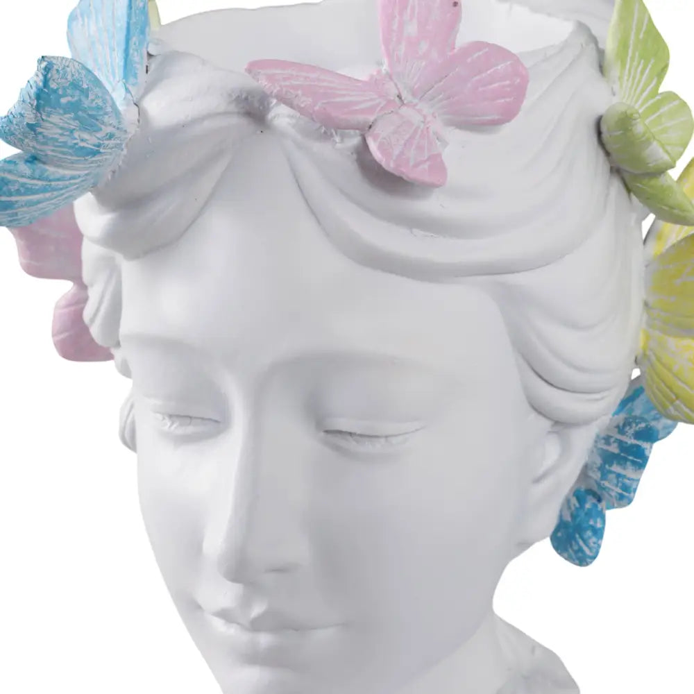 Plant Pot - White Polyresin Lady Multicolor Butterflies 7in