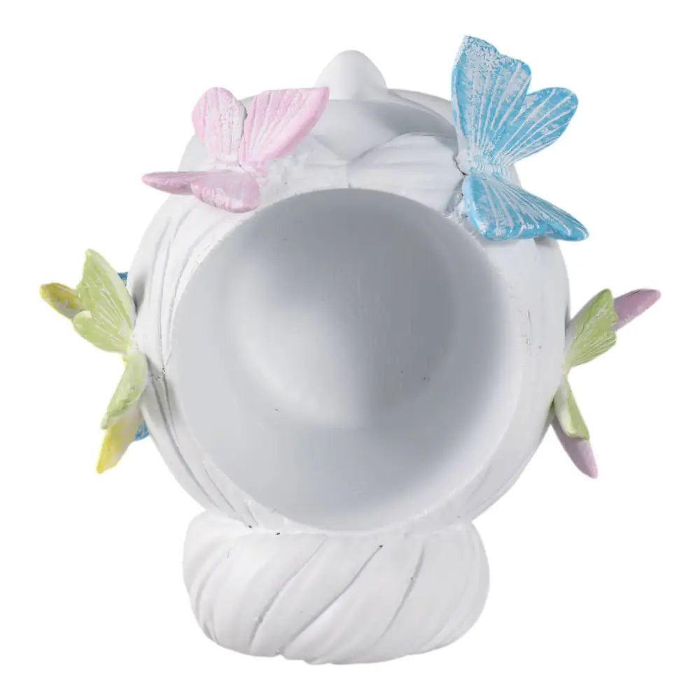 Plant Pot - White Polyresin Lady Multicolor Butterflies 7in