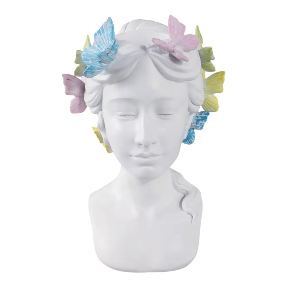 Plant Pot - White Polyresin Lady Multicolor Butterflies 7in