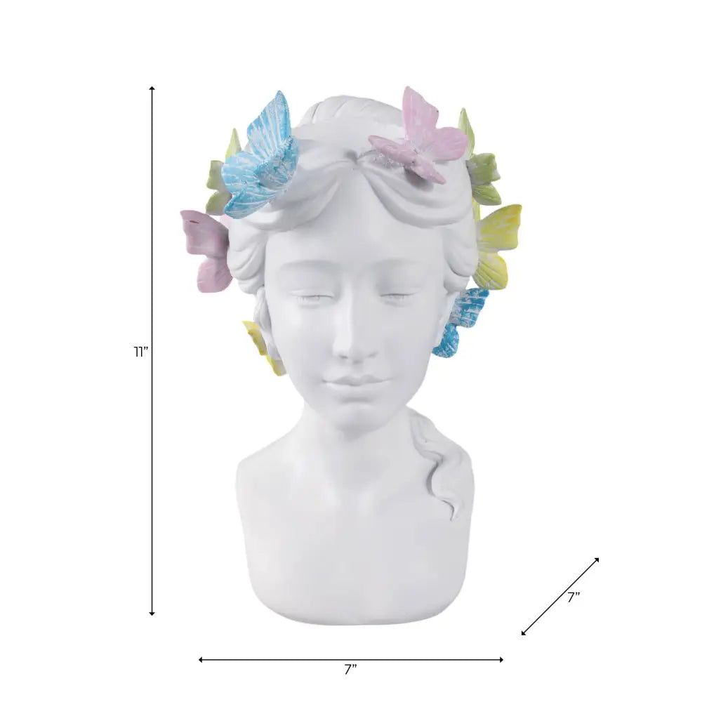 Plant Pot - White Polyresin Lady Multicolor Butterflies 7in