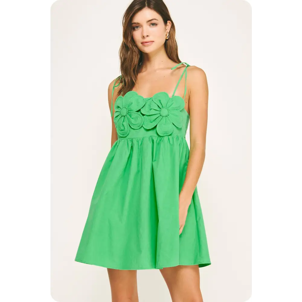 Quilted Flower Detail Poplin Mini Dress - Summer Green / S