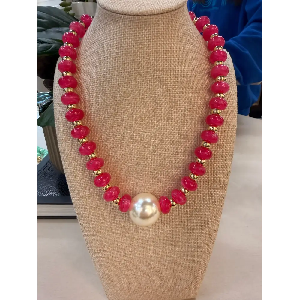 Rondelles with Pearl Statement Necklace - Hot Pink - Necklace