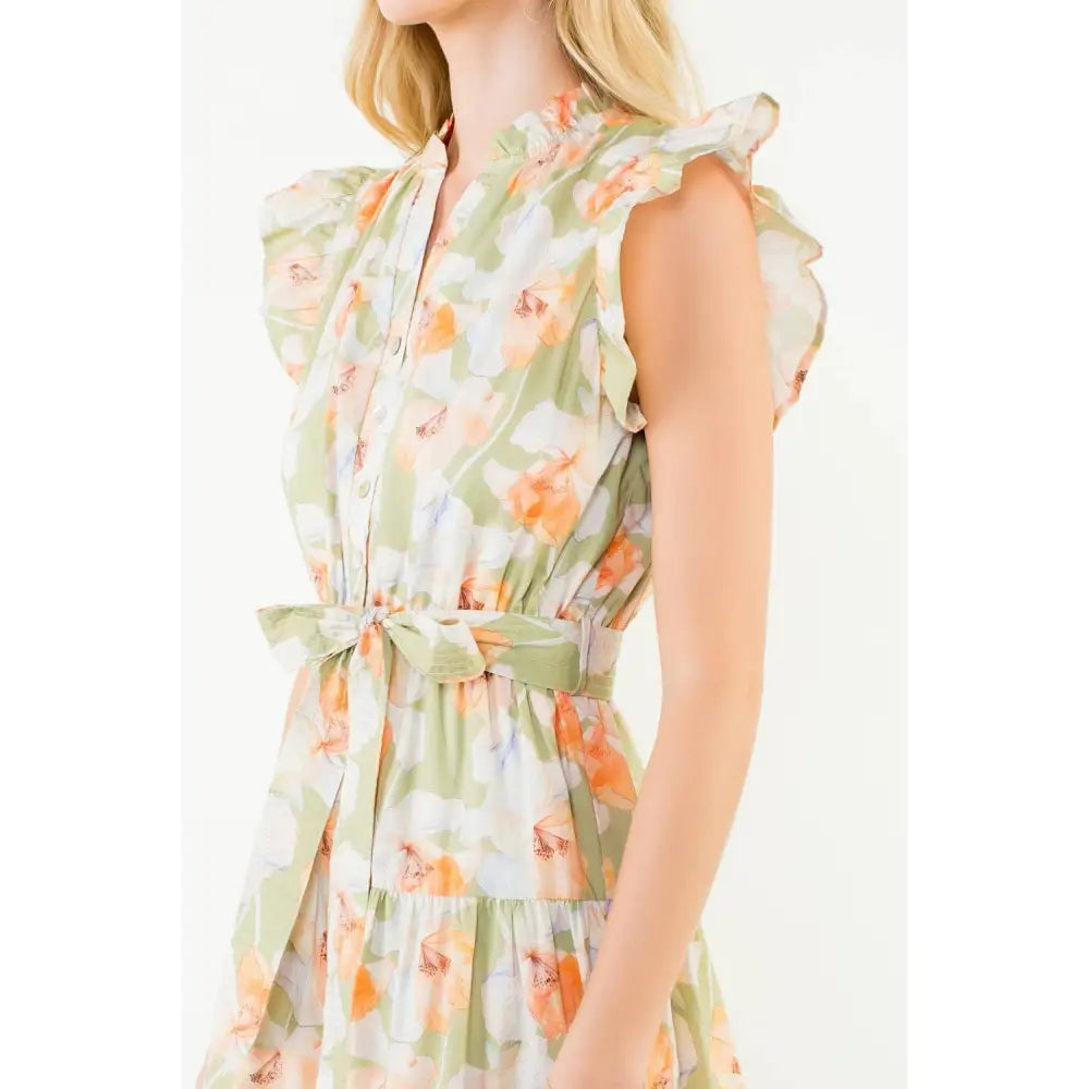Ruffle Sleeves Floral Pattern Dress - PEACH / XS-S-M-L(1-2-2-1)