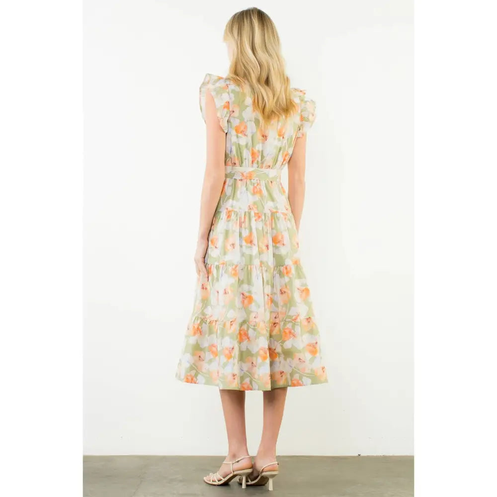 Ruffle Sleeves Floral Pattern Dress - PEACH / XS-S-M-L(1-2-2-1)