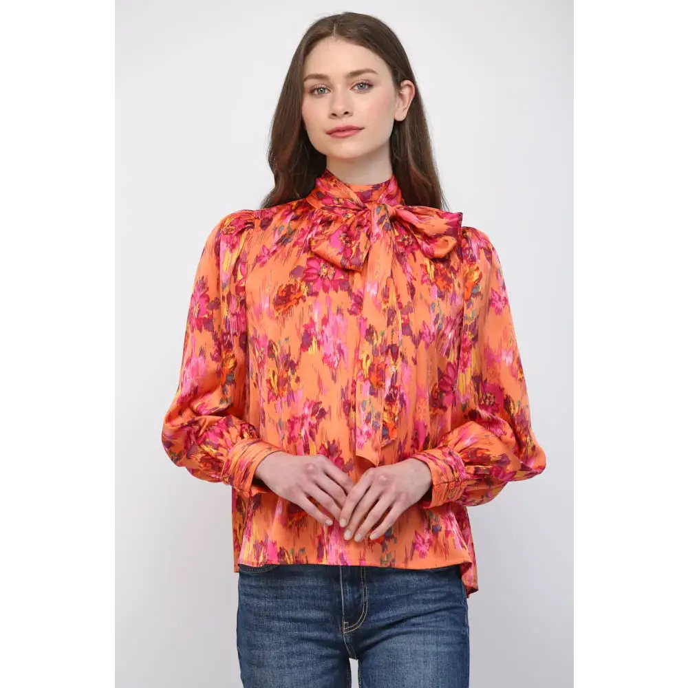 SATIN STANDING COLLAR WITH TIE DETAIL NECK BLOUSE FT25694