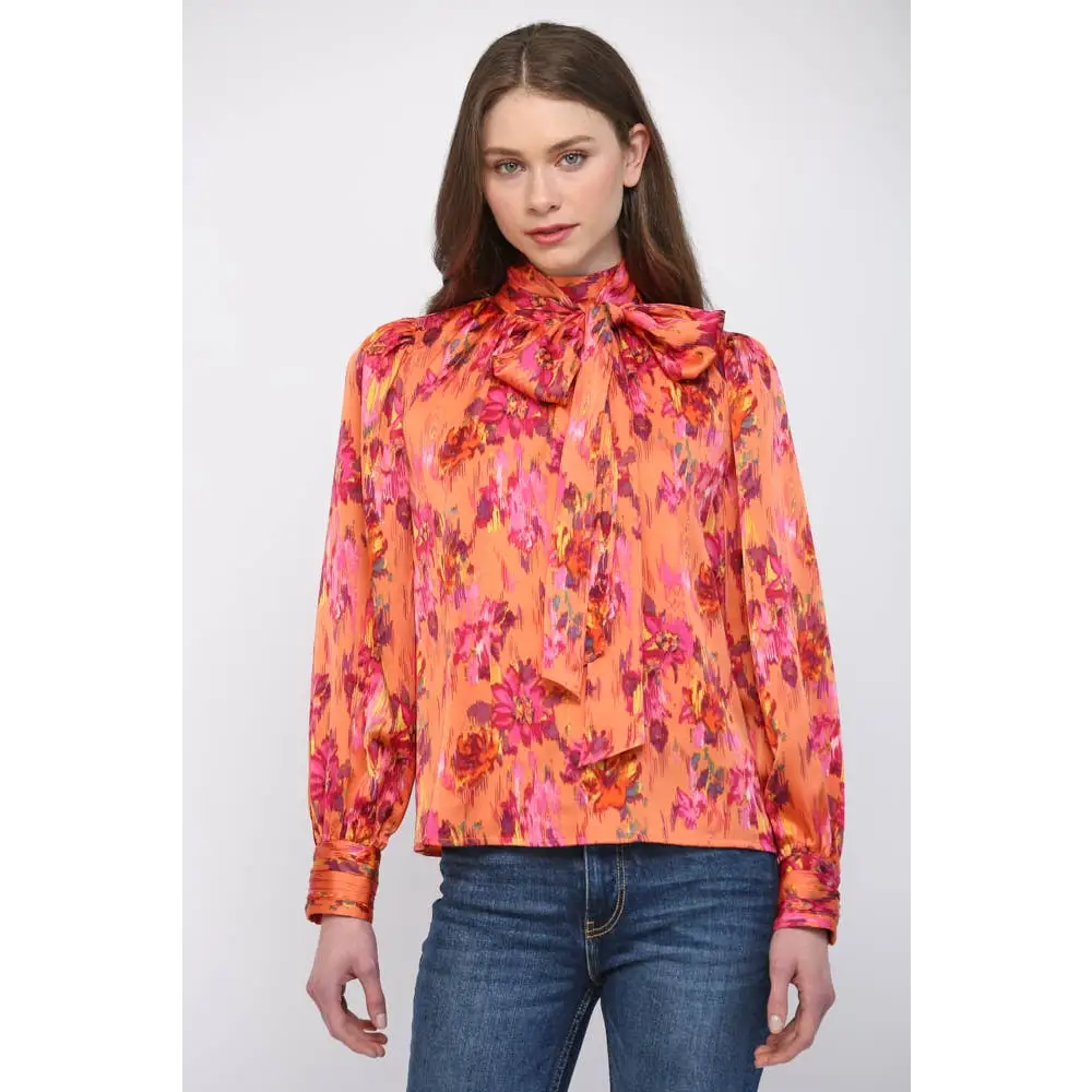 SATIN STANDING COLLAR WITH TIE DETAIL NECK BLOUSE FT25694 - M / ORANGE MULTI