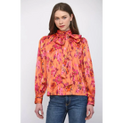 SATIN STANDING COLLAR WITH TIE DETAIL NECK BLOUSE FT25694 - M / ORANGE MULTI