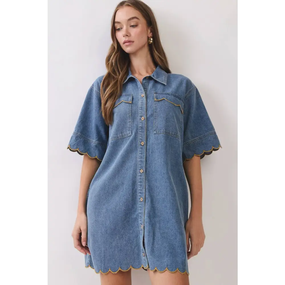 Scallop Edge Denim Mini Shirt Dress RD374