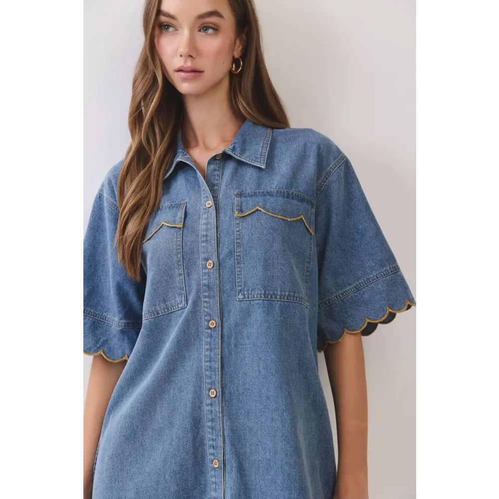 Scallop Edge Denim Mini Shirt Dress RD374