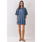 Scallop Edge Denim Mini Shirt Dress RD374 - S / DENIM