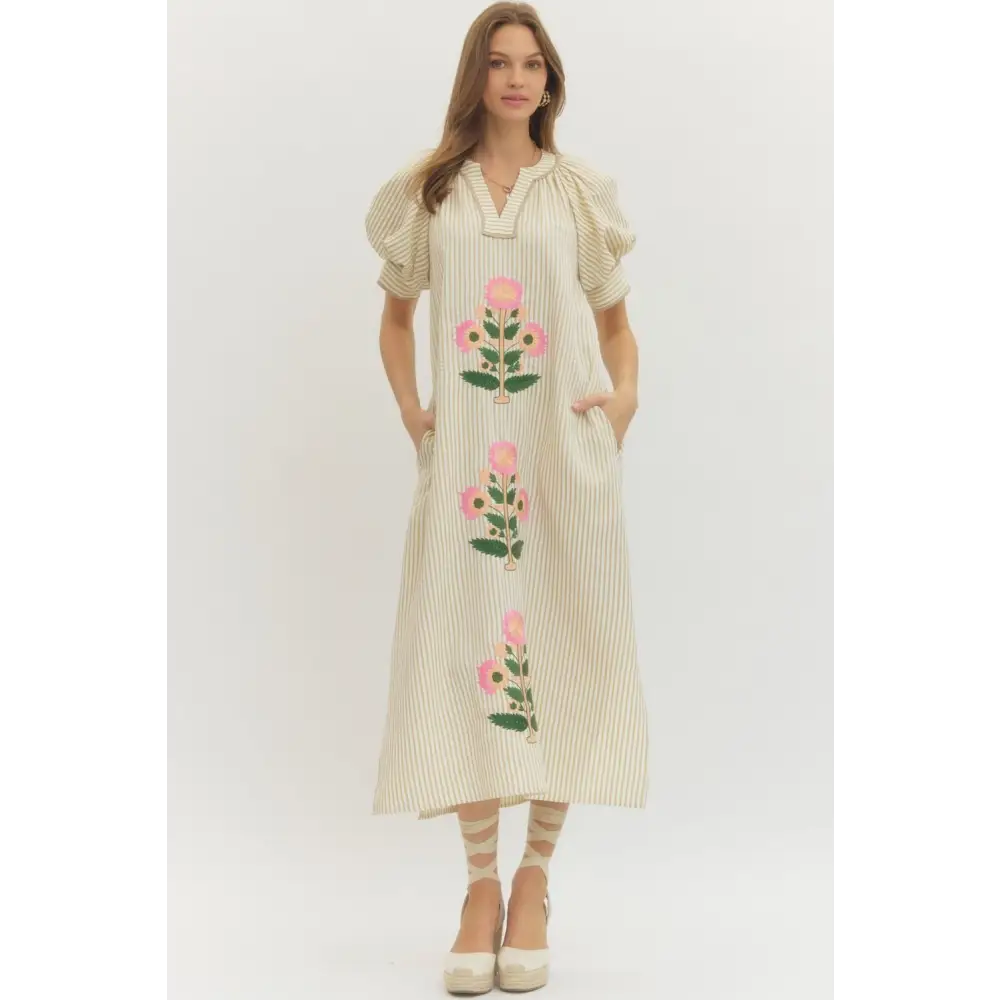 Seersucker Floral Dress - Midi Dress
