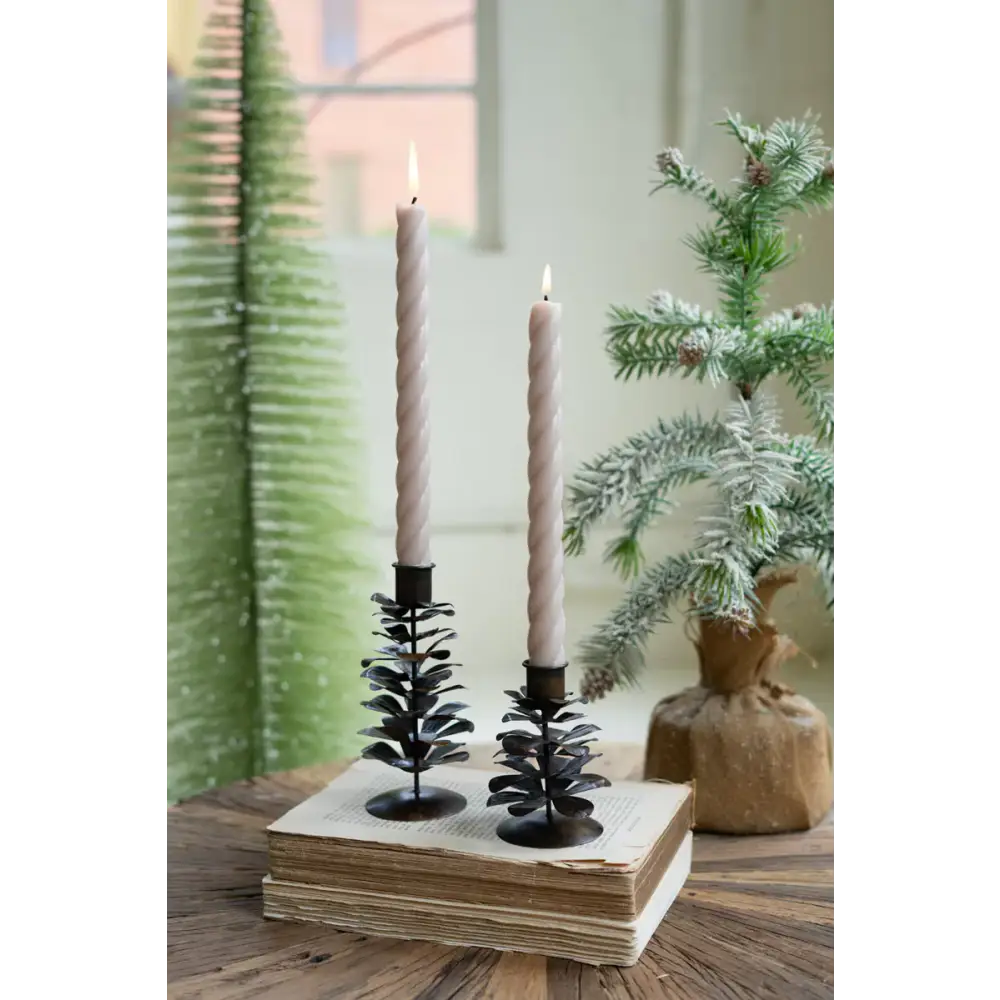 Set of 2 Antique Brown Metal Pine Cone Taper Holders - Candleholder