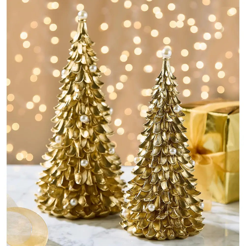 Set of 2 Gold Trees with Pearl Accents - Christmas Decor