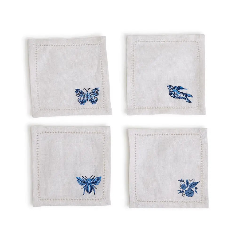 SET OF 4 BLUE & WHITE COCKTAIL NAPKINS - NAPKINS