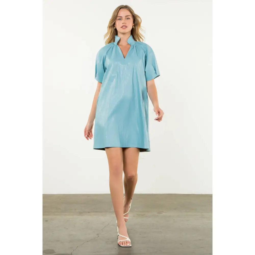 Short Sleeve Leather Midi Dress - LIGHT BLUE / XS-S-M-L(1-2-2-1)