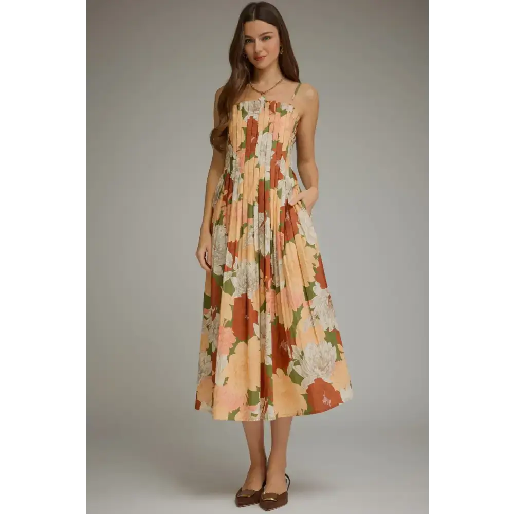Pleated Bodice Midi Dress - Dress