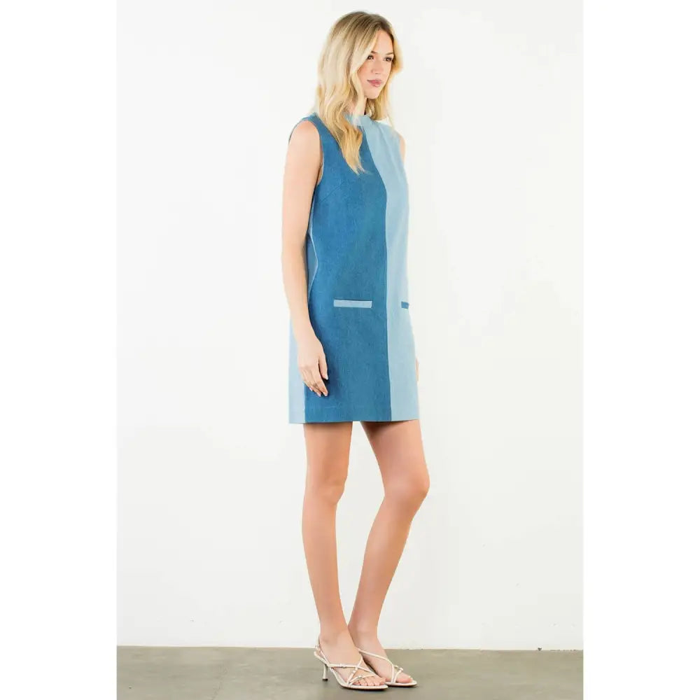 Sleveeless Colorblocked Denim Dress - XS-S-M-L(1-2-2-1) / DENIM BLUE
