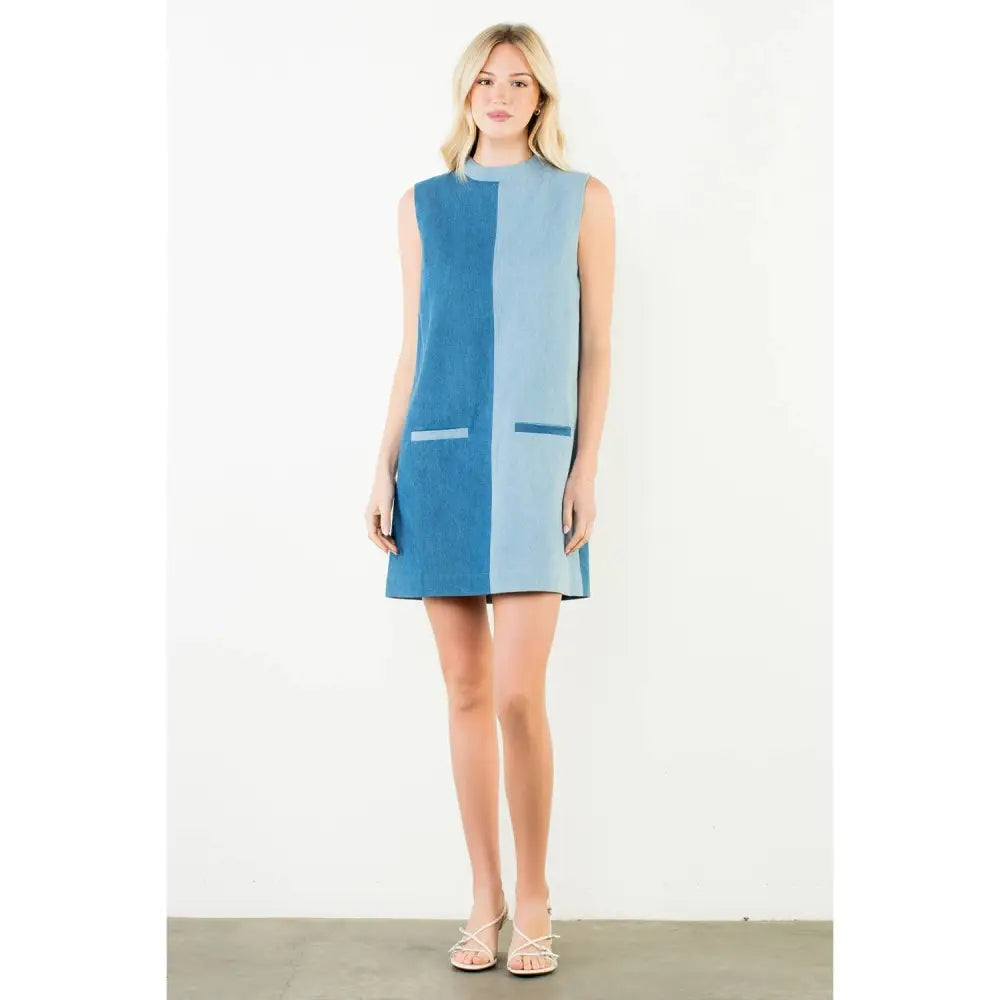 Sleveeless Colorblocked Denim Dress - XS-S-M-L(1-2-2-1) / DENIM BLUE