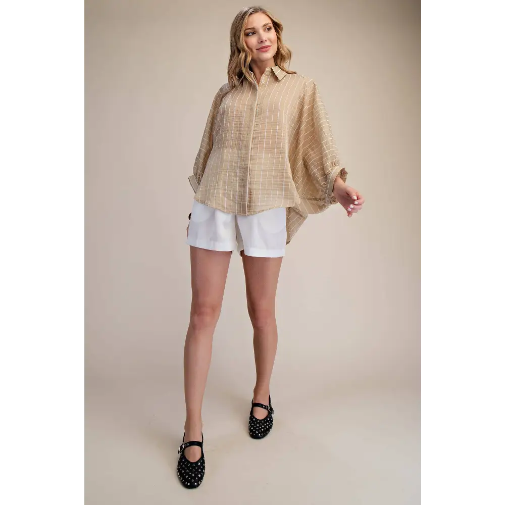 Spring Summer Button Down Sheer Stripe Shirt