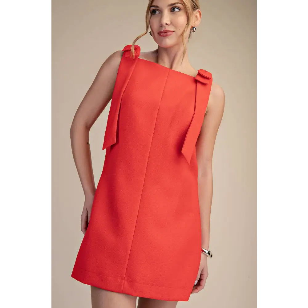 Straight Neckline Bow Mini Dress - M / Red