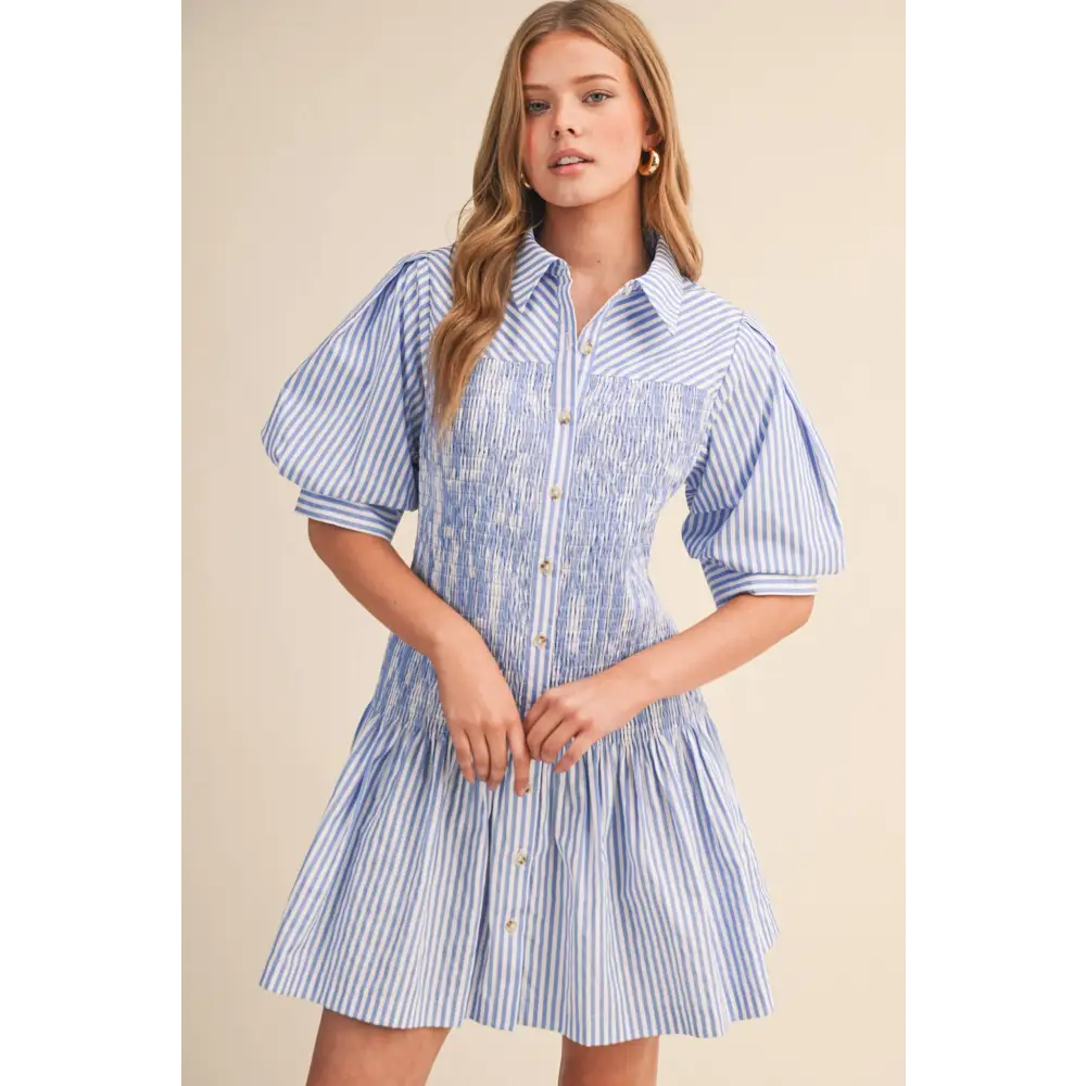 STRIPED SMOCKED BODICE MINI DRESS MDR4507