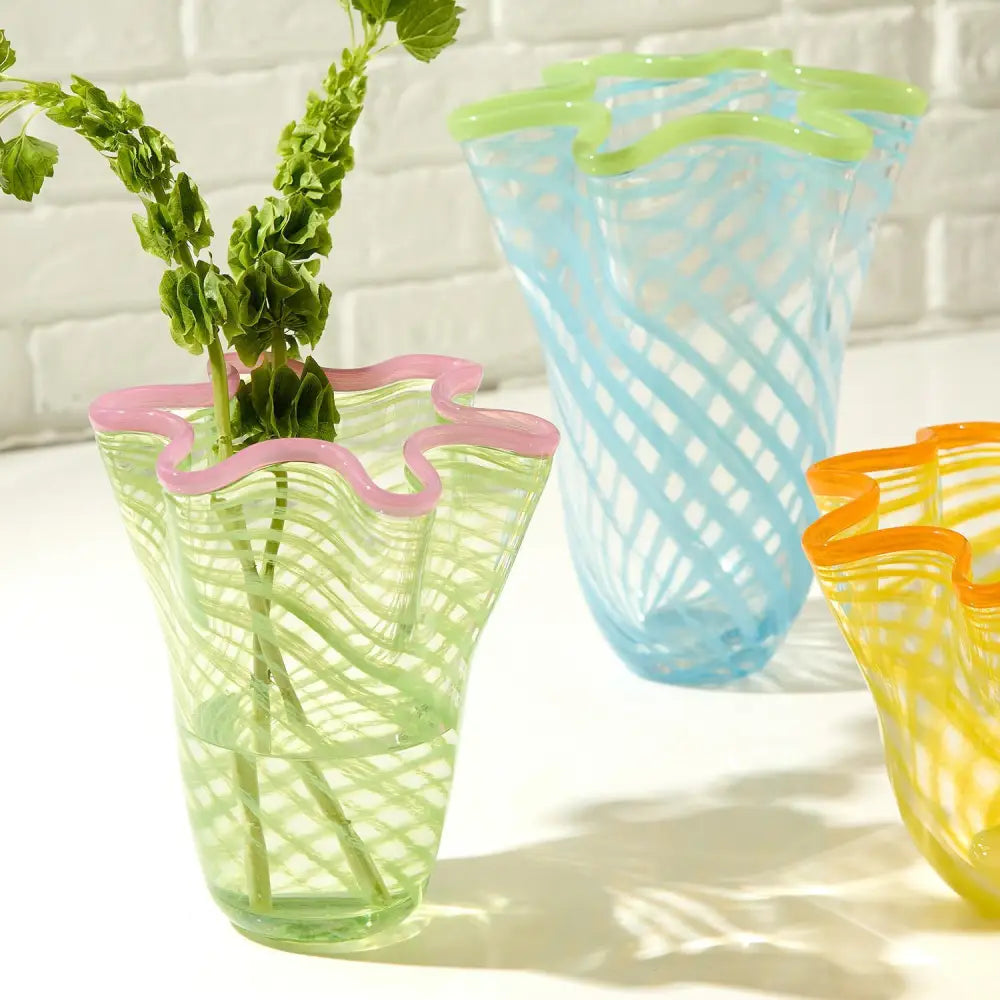 Swirl Flare Hand Blown Vase - Green & Pink - Vase
