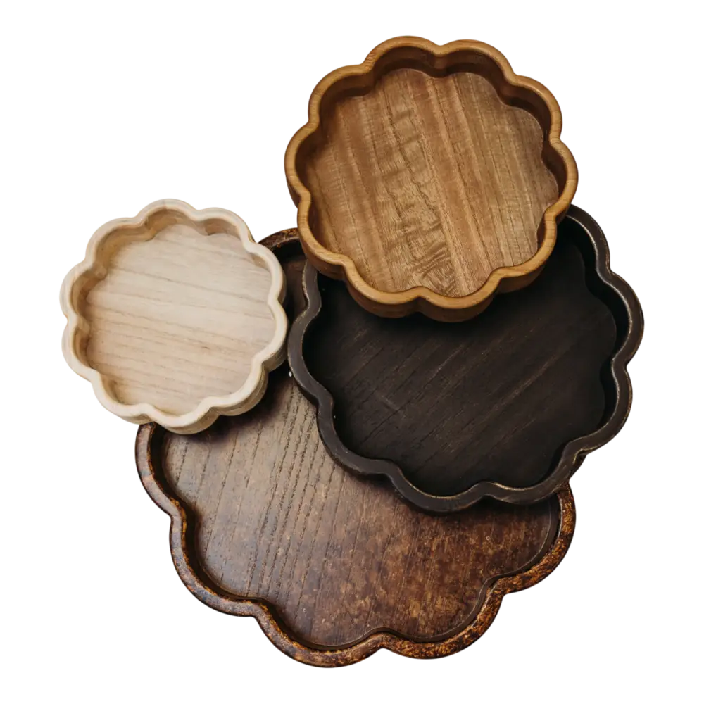T123 Wooden Scalloped Trays - (Set of 4) 15.75’’ x 15’’ x 1.75’’ 11.75’’ x 11.5’’ x 1.75’’ 9.5’’ x 9’’ x 1.75’’ &
