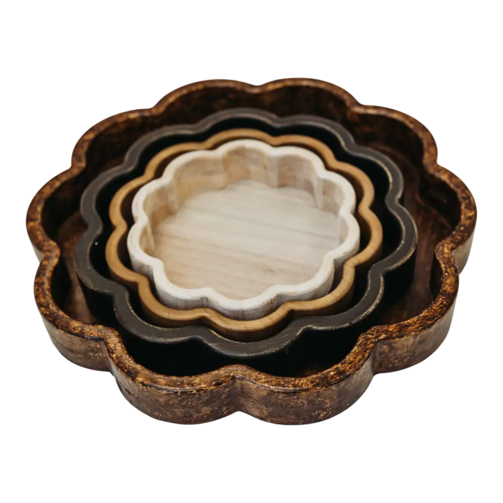 T123 Wooden Scalloped Trays - (Set of 4) 15.75’’ x 15’’ x 1.75’’ 11.75’’ x 11.5’’ x 1.75’’ 9.5’’ x 9’’ x 1.75’’ &