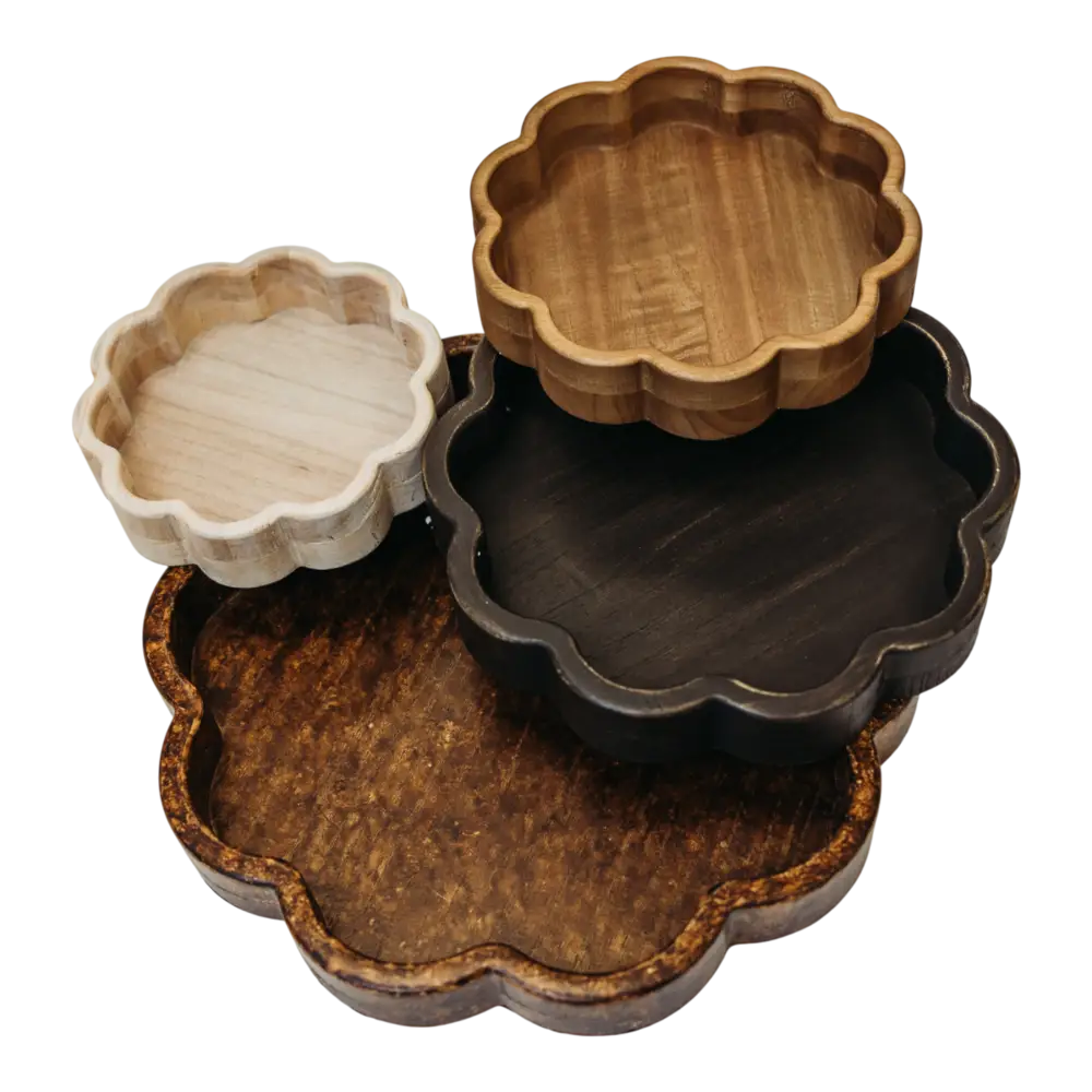 T123 Wooden Scalloped Trays - (Set of 4) 15.75’’ x 15’’ x 1.75’’ 11.75’’ x 11.5’’ x 1.75’’ 9.5’’ x 9’’ x 1.75’’ &