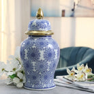 Temple Jar - Blue/White Ceramic with Dahlia Flower 14 in.
