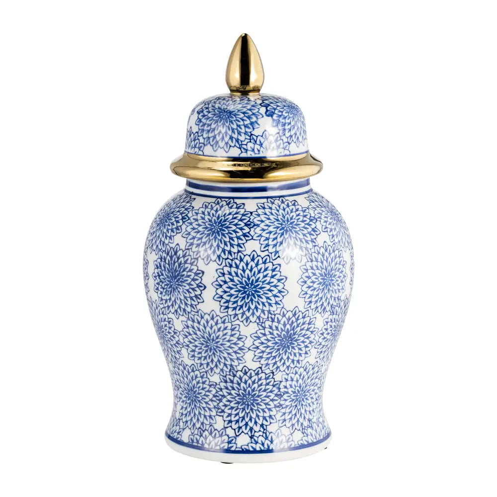 Temple Jar - Blue/White Ceramic with Dahlia Flower 14 in.