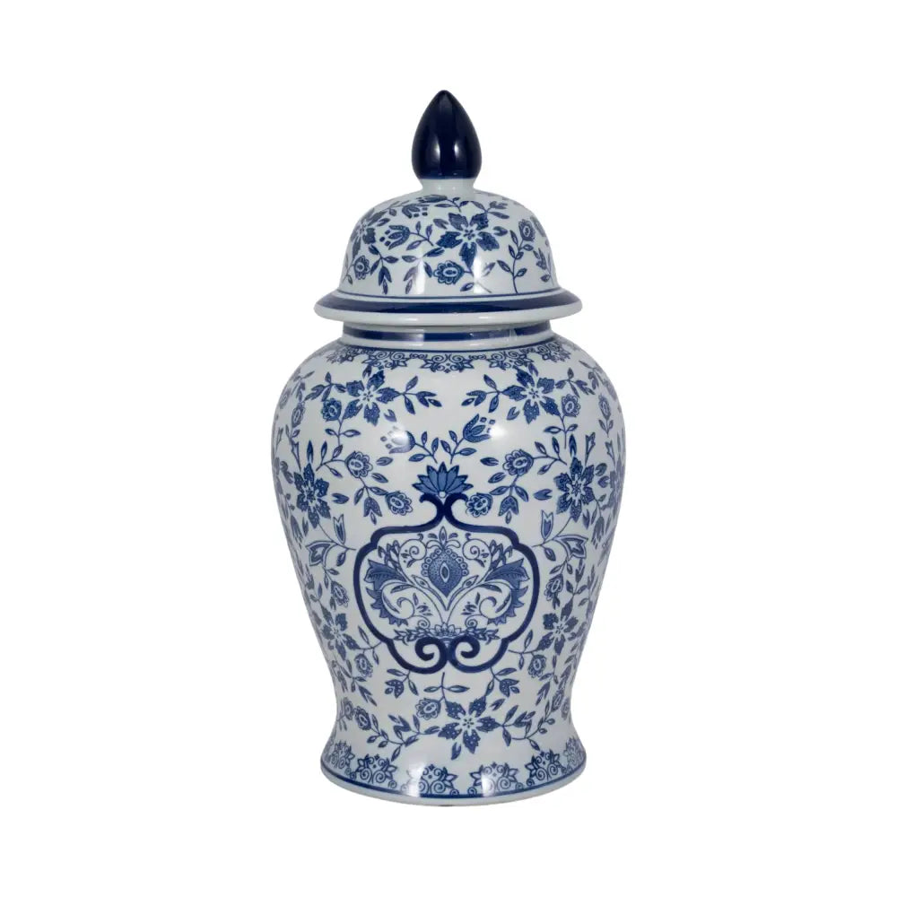 Temple Jar - White/Blue Ceramic Chinoiserie Charm 18 in.