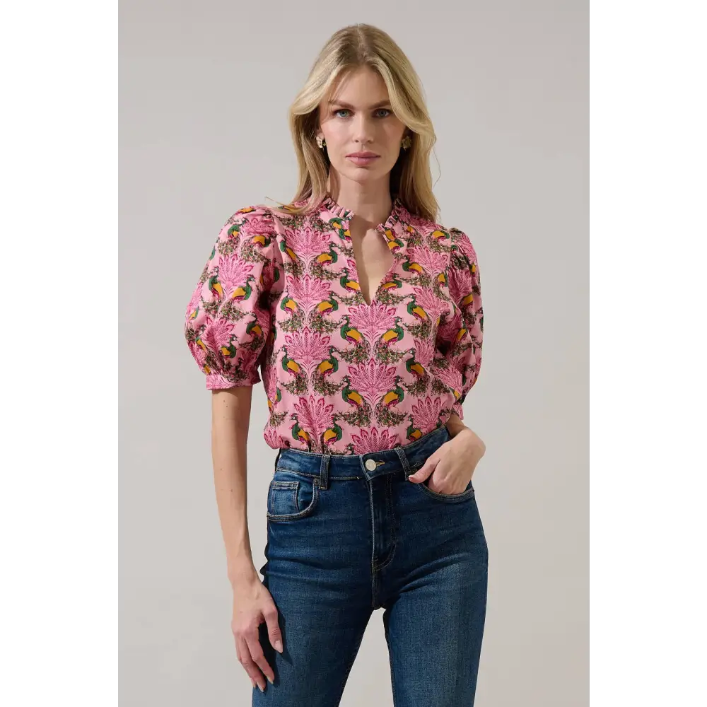 Terri Puff Sleeve Top Peacock Bay - XS / PINK-GREEN