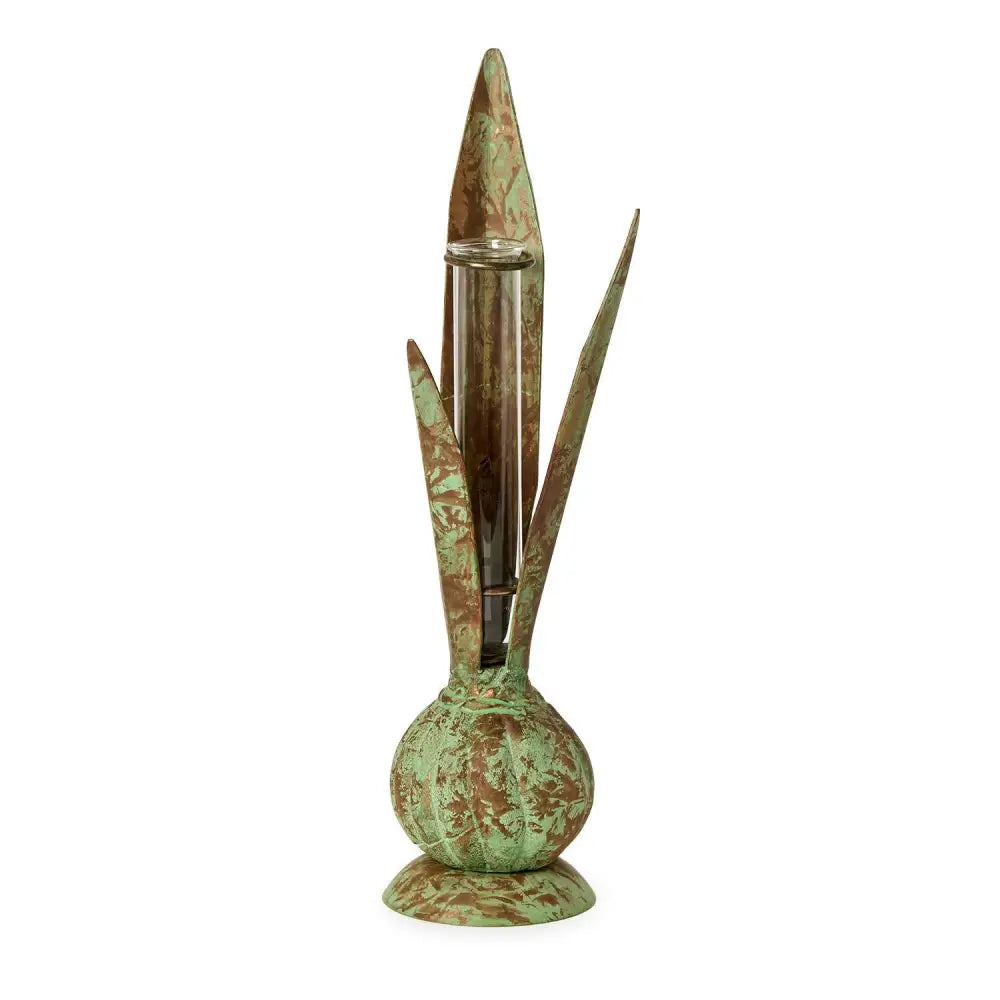Verdigris Hand-Crafted Bulb and Leaf Vase - Vase