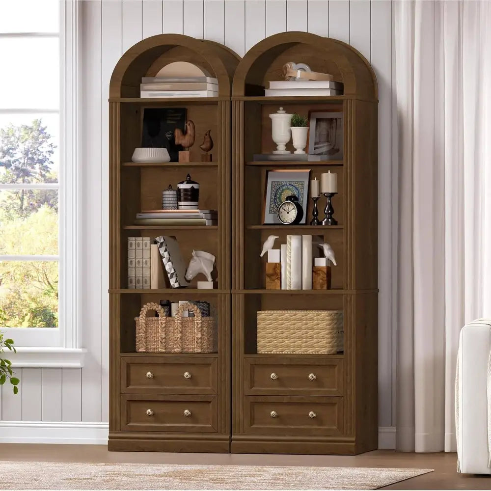 Walnut Extra Tall Narrow Arched Bookshelf With Drawers - 1 / Walnut