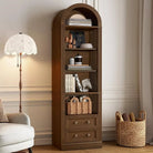 Walnut Extra Tall Narrow Arched Bookshelf With Drawers - 1 / Walnut