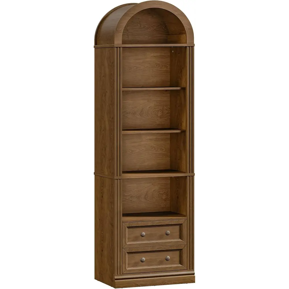 Walnut Extra Tall Narrow Arched Bookshelf With Drawers - 1 / Walnut