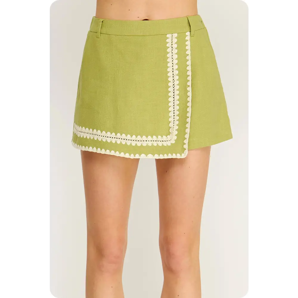 Whipstitch Crochet Embroidery Linen Wrap Skort - Light Olive/ivory / L