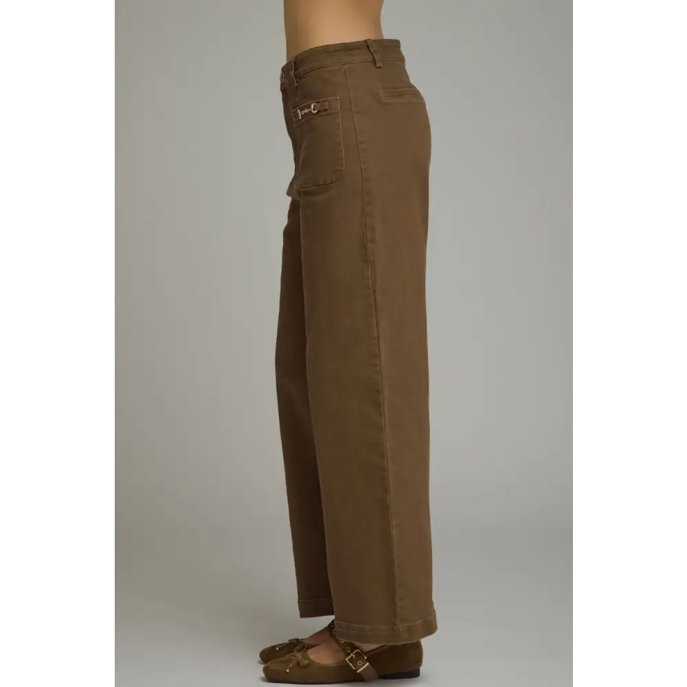 Wide Leg Pant with Gold Accents on Pockets - Pants