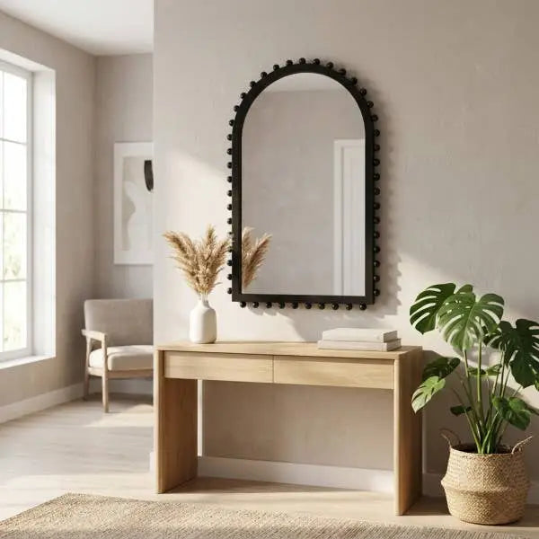 Wood Beaded Arch Decorative Wall Mirror - Black 24 in.